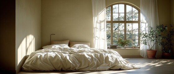 Sunlit bedroom with large window, plants, and a rumpled bed