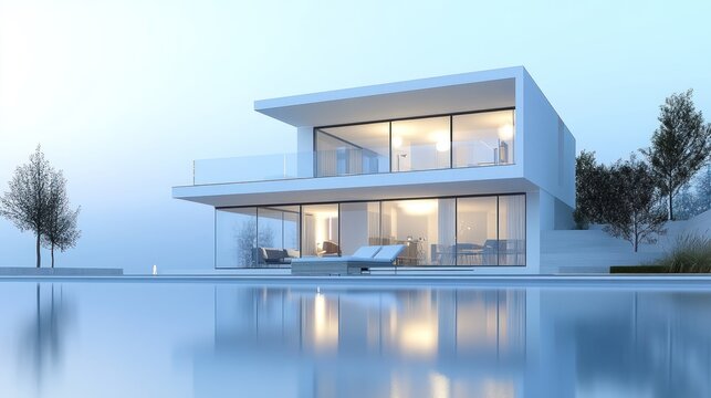 Modern minimalist luxury villa reflected in tranquil pool scenery design