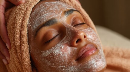 Young Indian woman relaxing during a facial mask treatment at the spa, enhancing her skin is radiance, peaceful moment.