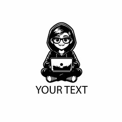 Naklejka premium Female Using Laptop Logo – Monochrome Digital Worker Vector on Isolated White Background