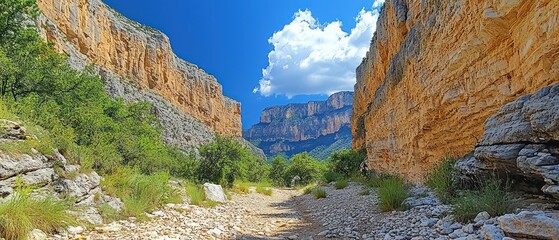 Sunlit canyon path between towering rock walls, leading to distant mountains under a vibrant blue sky