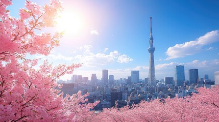 Sunlit cityscape with cherry blossoms in full bloom. Tower dominates skyline