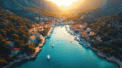 Sunlit coastal town nestled in a valley, boats dotting the calm waters of its inlet.  Golden hour casts warm glow