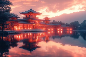 Obraz premium Ornate building reflected in water at dusk under a soft, warm, glowing sky