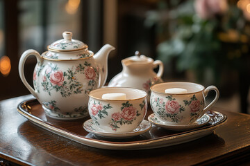 Tea set on tray with candle in background.