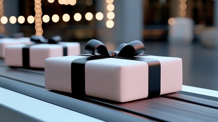 Gifts on Conveyor Belt: Elegant white gift boxes with black ribbons move along a modern conveyor belt, suggesting efficiency and seamless gift delivery.