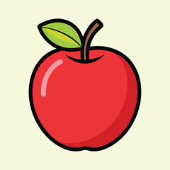 A vibrant red apple illustration with a single green leaf cartoon style