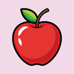 A Delicious Red Apple Cartoon Illustration with Green Leaf and Brown Stem