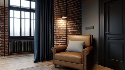 Cozy Reading Nook: A welcoming indoor space features an inviting leather armchair, placed under a warm reading light and framed by a large window. Dark curtains, exposed brick.
