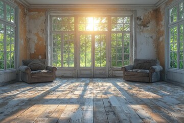 Sunlit, dilapidated room with worn wooden floors and two armchairs, large windows overlooking a lush garden