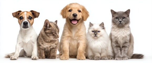 Dogs and cats sitting side by side on a white background, with a retriever puppy, a  Jack Russell terrier on the left, a grey cat on the right, and a blue short-haired Siamese kitten in the center