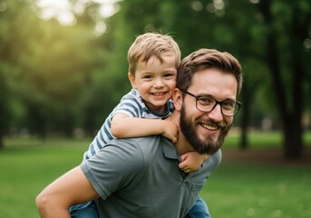 Fototapeta premium Father giving his son a piggyback ride in a park with a happy expression on face