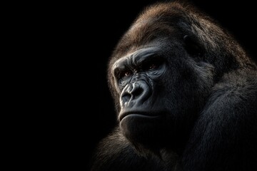 Naklejka premium Portrait of an Gorilla with copy space on the left side, on a dark background. Wide banner for advertising and pet shops. 