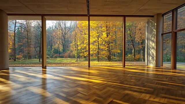 Sunlit spacious modern hall with autumn foliage view minimalist interior architecture design concept