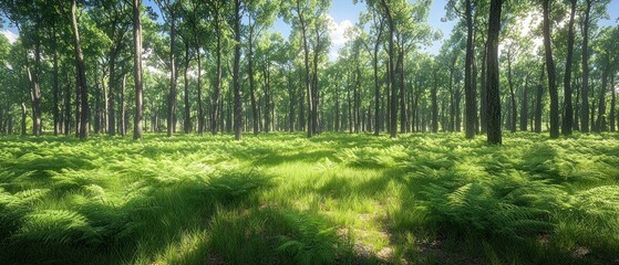 Sunlit forest floor covered in vibrant green ferns, tall trees form a natural canopy overhead