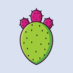 Vibrant Green Prickly Pear Cactus with Pink Fruit Illustration