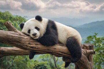Naklejka premium A panda is sleeping on the branch of an ancient tree, with its head resting against one side and both legs hanging down. The jungle landscape background features lush green trees 