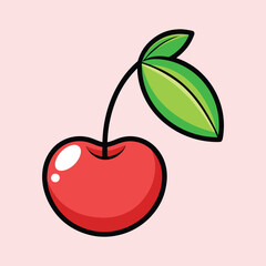A Single Red Cherry with Green Leaf Cartoon Illustration