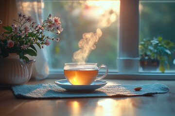 Tea bag dipping into a cup of tea on a table.