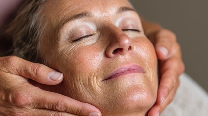 Obraz premium Middle-aged woman receiving professional face lifting massage at luxury spa, masseur performing double chin treatment, close-up shot.