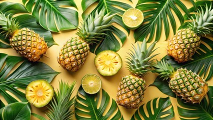 Fototapeta premium Tropical Fruit and Lush Greenery Composition Featuring Pineapples, Citrus, and Exotic Leaves Arranged on a Vibrant Yellow Background