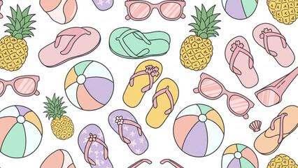 Summer themed pattern with beach balls, sandals and pineapples