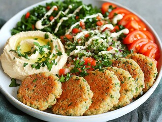 Crispy falafel served hummus tabbouleh and warm pita bread garnished with fresh parsley and a drizzle of tahini sauce