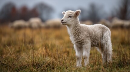 Obraz premium White fluffy baby lamb standing in a farm field with a bokeh farm landscape background of a few sheep behind them,