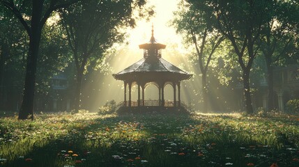 Sunlit gazebo nestled in a vibrant, flower-filled garden, surrounded by trees casting dappled light