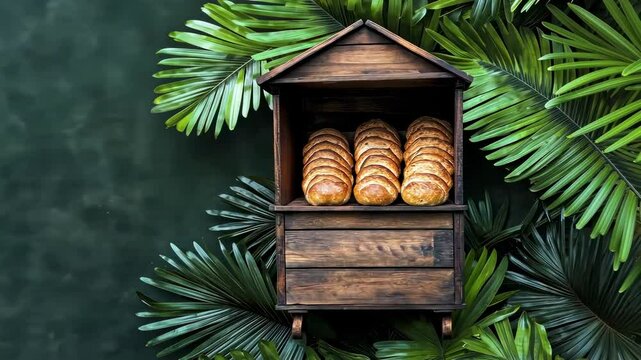 Artisan bread display in wooden house among tropical leaves