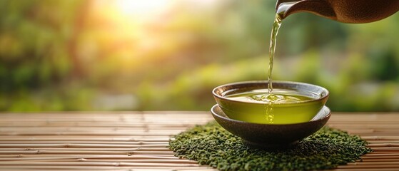 Sunlit green tea pours into a bowl on a bamboo surface, surrounded by loose leaf tea. Serene scene