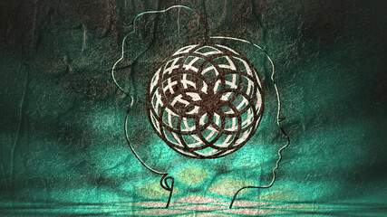 Personal growth and development. A woman head in profile with a tangled ball of nerves. Business and education concept. Metaphor of problem solving, chaos and mess, difficult situation.