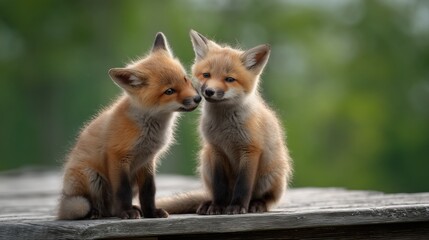 Fototapeta premium two fluffy baby foxes sitting on a dock playing with each other with a bokeh forest landscape background behind them on a bright sunny day