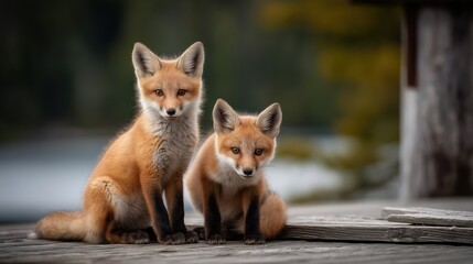 two fluffy baby foxes sitting on a dock playing with each other with a bokeh forest landscape background behind them on a bright sunny day