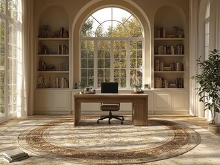 Sunlit home office with large arched window, bookshelves, and a wooden desk.  Round rug completes the serene space