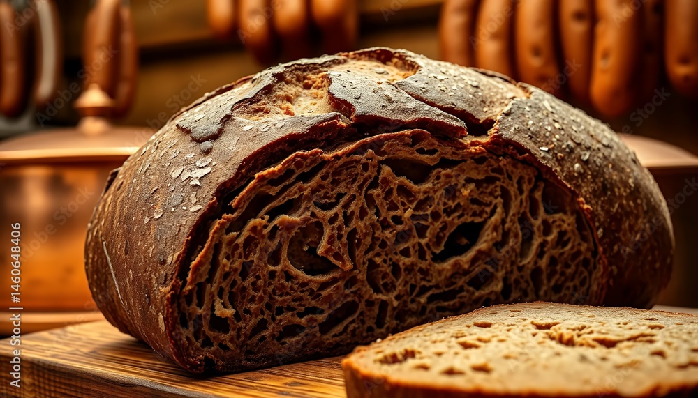 Poster Artisanal Dark Brown Sourdough Bread Loaf with Rustic Crust and a Slice Resting on Wood Table with Sausage Bokeh Background