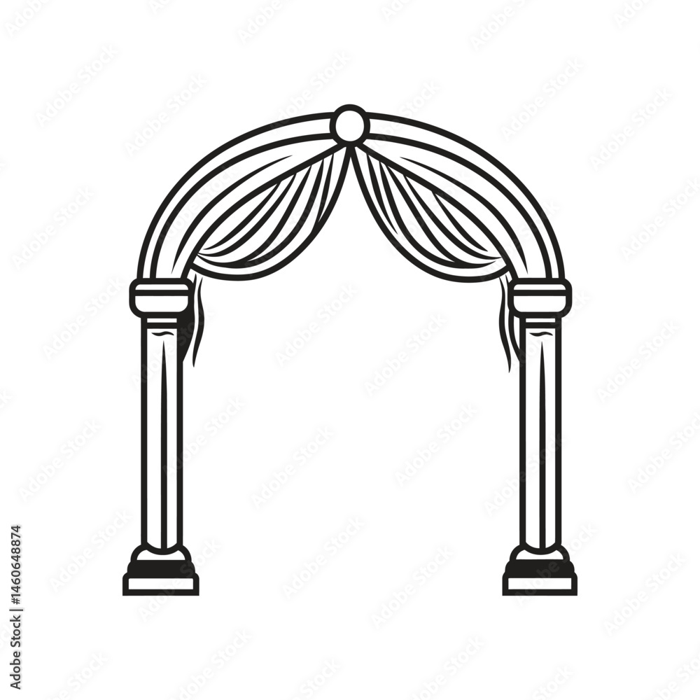 Poster minimalist archway with fabric and columns outline isolated on transparent