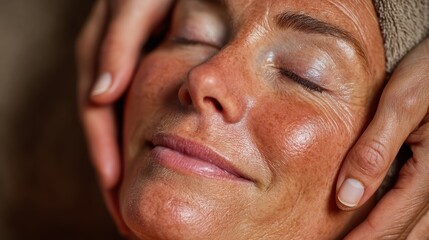 Fototapeta premium Relaxing luxury spa experience for middle-aged woman, receiving face lifting massage and double chin treatment, close-up portrait.