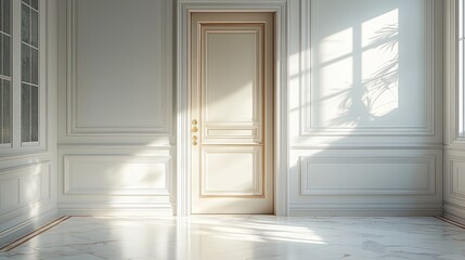 Sunlit interior with elegant door and marble floor, classic wall paneling