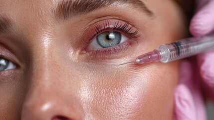Young beautiful woman receiving mesotherapy treatment or hyaluronic acid injection, beautician doctor making precision shot under eye, smooth skin.