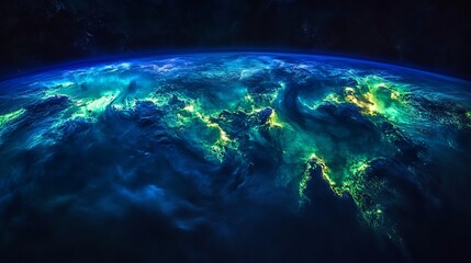 A breathtaking view of a vibrant blue and green planet with a dark cosmic background