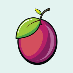A Vibrant Cartoon Plum Illustration with a Single Leaf