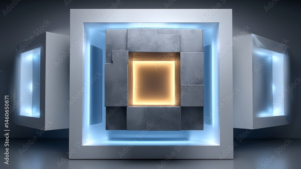 Poster minimalist abstract cube with glowing core modern architecture design interior decor