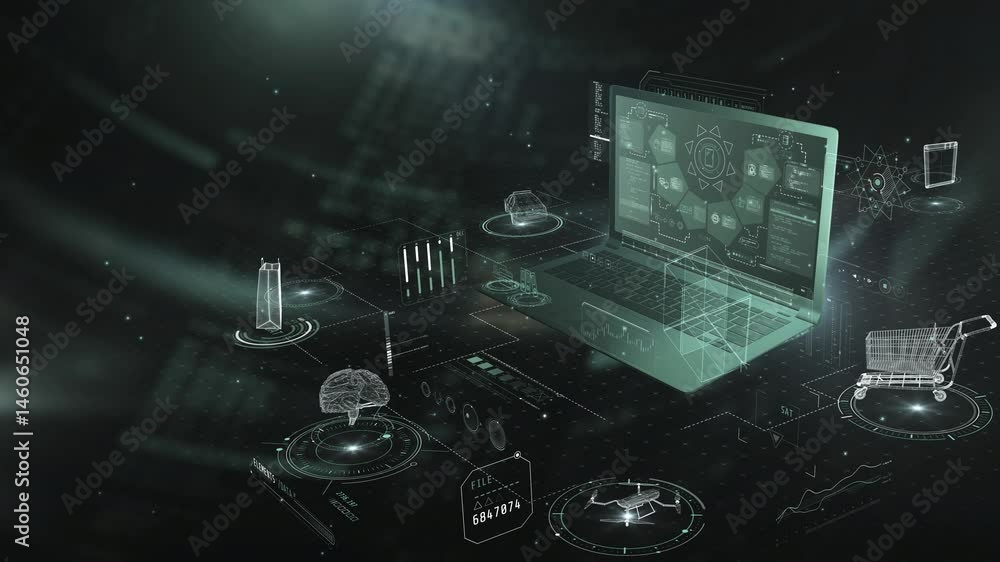 Poster laptop showing interface with shopping and delivery icons in augmented reality