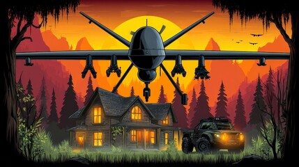 MQ 9 Reaper Drone Surveillance Over Rural House at Sunset