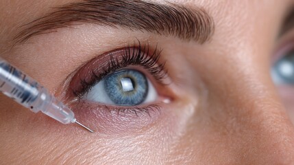 Hyaluronic acid injection for smooth skin, beautician doctor carefully administering mesotherapy treatment under young woman is eyes.