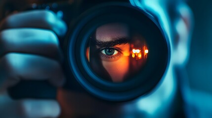 Photographer's Face Behind Camera: A photographer’s face, partially hidden by a camera, with intense concentration and a blurred background. 

