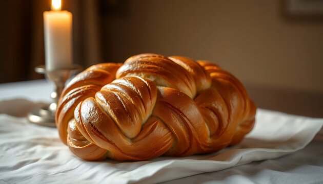 Close Up of Golden Brown Braided Challah Bread with Lit Candle on Shabbath Table in Soft Lighting, A Traditional Jewish Bread From Eastern Europe