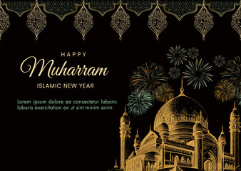 Happy Muharram Islamic New Year greeting card with Islamic ornament and mosque illustration on black background