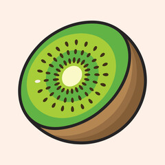 A vibrant illustration of a juicy kiwi fruit slice showing its bright green flesh and tiny black seeds in a cartoon style